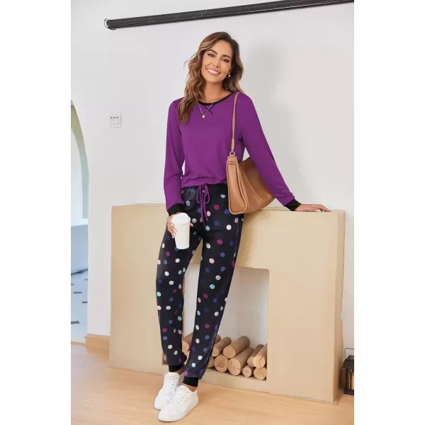 imageEkouaer Pajamas Set for Women Long Sleeve Crew Neck Comfy Pjs Lounge Sets With PocketsPurple Polka Dots
