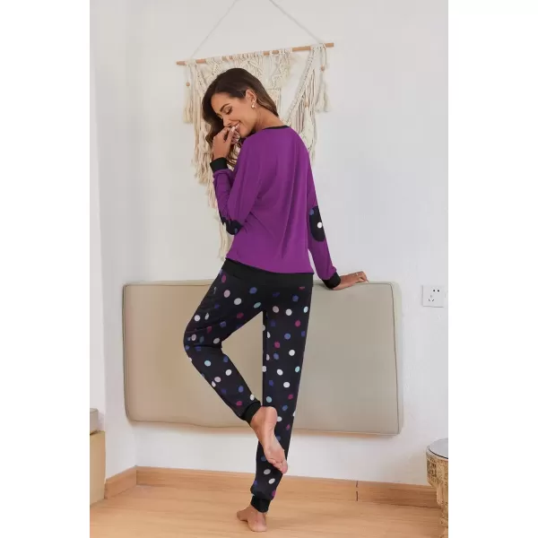 imageEkouaer Pajamas Set for Women Long Sleeve Crew Neck Comfy Pjs Lounge Sets With PocketsPurple Polka Dots