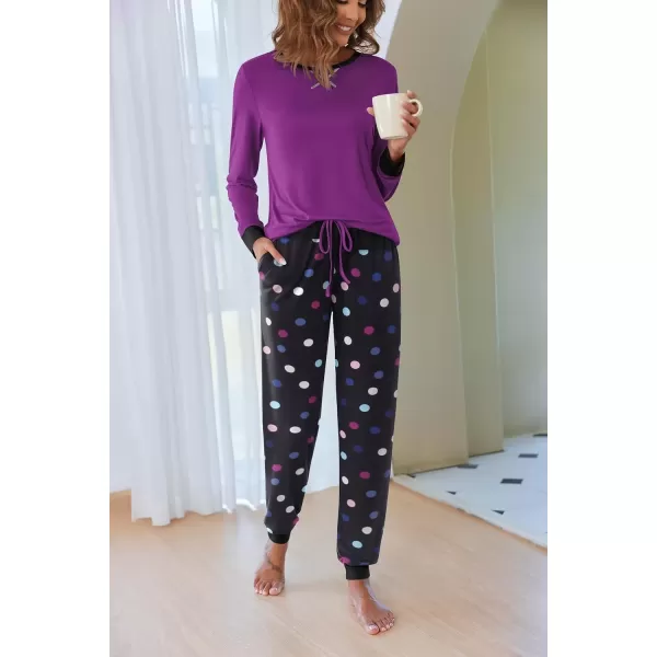 imageEkouaer Pajamas Set for Women Long Sleeve Crew Neck Comfy Pjs Lounge Sets With PocketsPurple Polka Dots