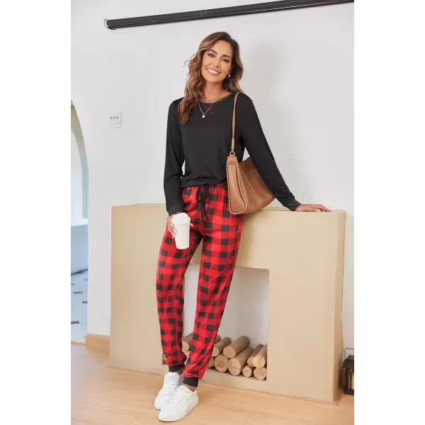 imageEkouaer Pajamas Set for Women Long Sleeve Crew Neck Comfy Pjs Lounge Sets With PocketsRed Plaid