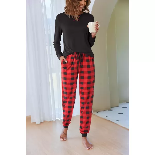 imageEkouaer Pajamas Set for Women Long Sleeve Crew Neck Comfy Pjs Lounge Sets With PocketsRed Plaid