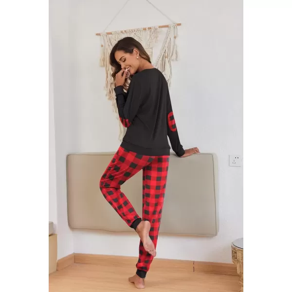 imageEkouaer Pajamas Set for Women Long Sleeve Crew Neck Comfy Pjs Lounge Sets With PocketsRed Plaid