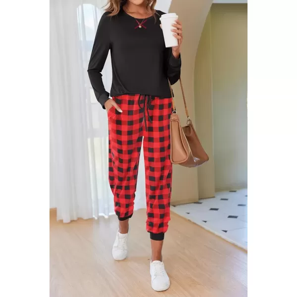imageEkouaer Pajamas Set for Women Long Sleeve Crew Neck Comfy Pjs Lounge Sets With PocketsRed Plaid