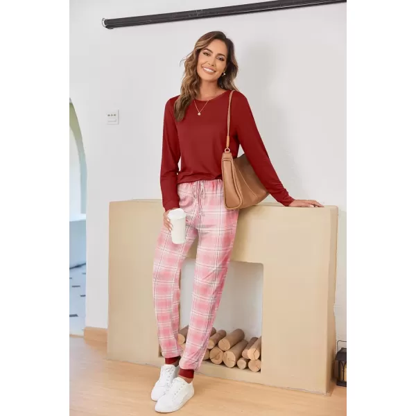 imageEkouaer Pajamas Set for Women Long Sleeve Crew Neck Comfy Pjs Lounge Sets With PocketsWind Red Plaid