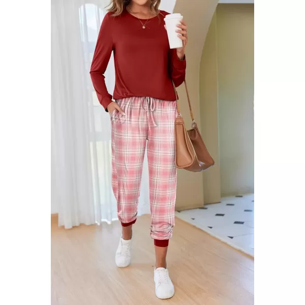 imageEkouaer Pajamas Set for Women Long Sleeve Crew Neck Comfy Pjs Lounge Sets With PocketsWind Red Plaid