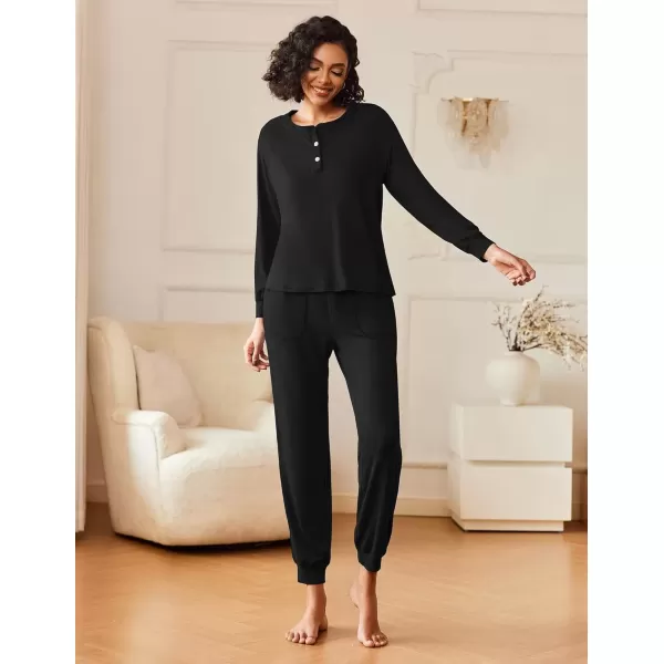 imageEkouaer Womens Pajamas Long Sleeve Jogger Sets Comfy Pjs Soft Loungewear 2 Piece Lounge Sets with Pockets SXXLBlack