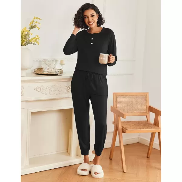 imageEkouaer Womens Pajamas Long Sleeve Jogger Sets Comfy Pjs Soft Loungewear 2 Piece Lounge Sets with Pockets SXXLBlack