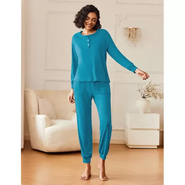 imageEkouaer Womens Pajamas Long Sleeve Jogger Sets Comfy Pjs Soft Loungewear 2 Piece Lounge Sets with Pockets SXXLBlue Green