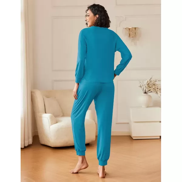 imageEkouaer Womens Pajamas Long Sleeve Jogger Sets Comfy Pjs Soft Loungewear 2 Piece Lounge Sets with Pockets SXXLBlue Green