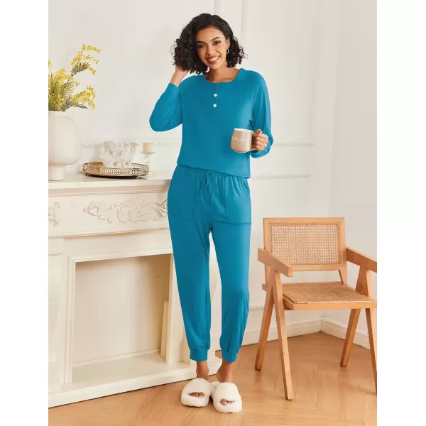 imageEkouaer Womens Pajamas Long Sleeve Jogger Sets Comfy Pjs Soft Loungewear 2 Piece Lounge Sets with Pockets SXXLBlue Green