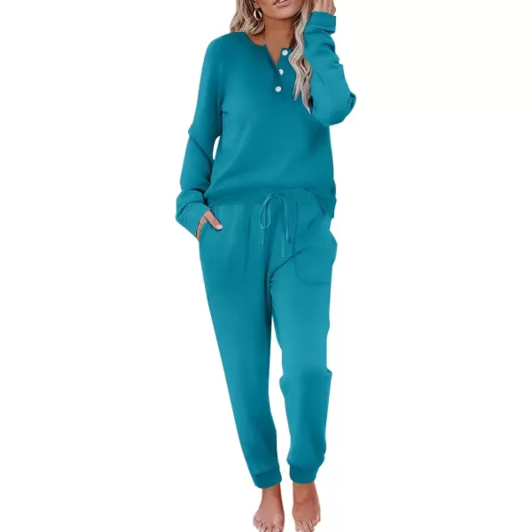 imageEkouaer Womens Pajamas Long Sleeve Jogger Sets Comfy Pjs Soft Loungewear 2 Piece Lounge Sets with Pockets SXXLBlue Green
