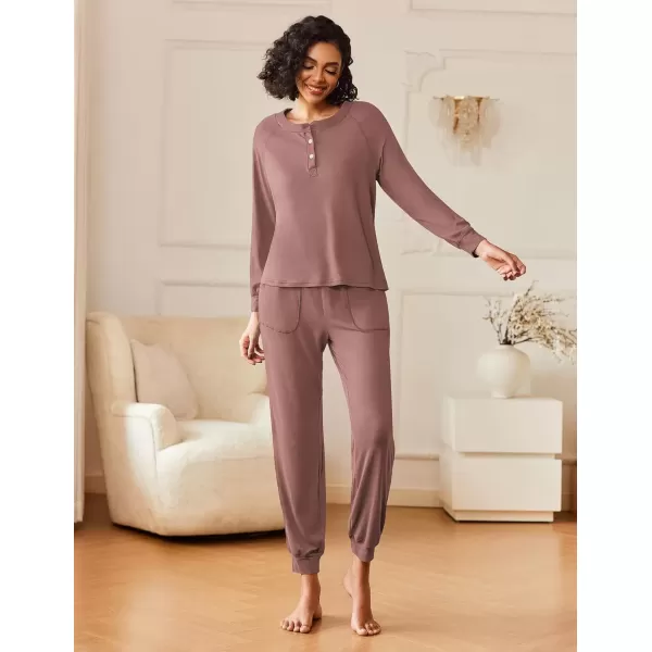 imageEkouaer Womens Pajamas Long Sleeve Jogger Sets Comfy Pjs Soft Loungewear 2 Piece Lounge Sets with Pockets SXXLBrown