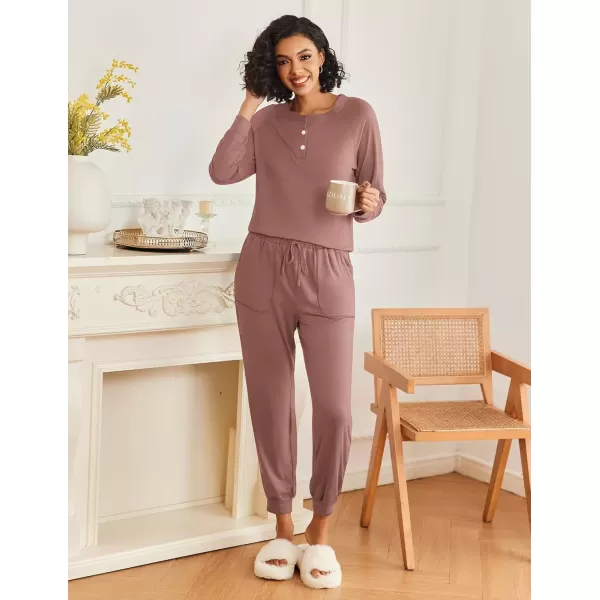 imageEkouaer Womens Pajamas Long Sleeve Jogger Sets Comfy Pjs Soft Loungewear 2 Piece Lounge Sets with Pockets SXXLBrown