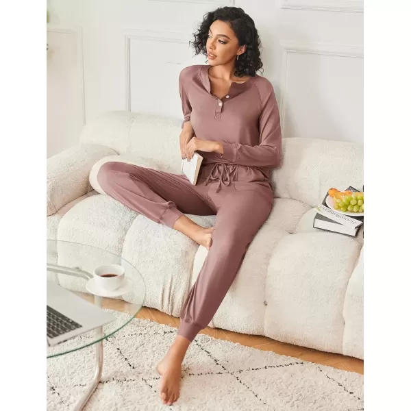 imageEkouaer Womens Pajamas Long Sleeve Jogger Sets Comfy Pjs Soft Loungewear 2 Piece Lounge Sets with Pockets SXXLBrown