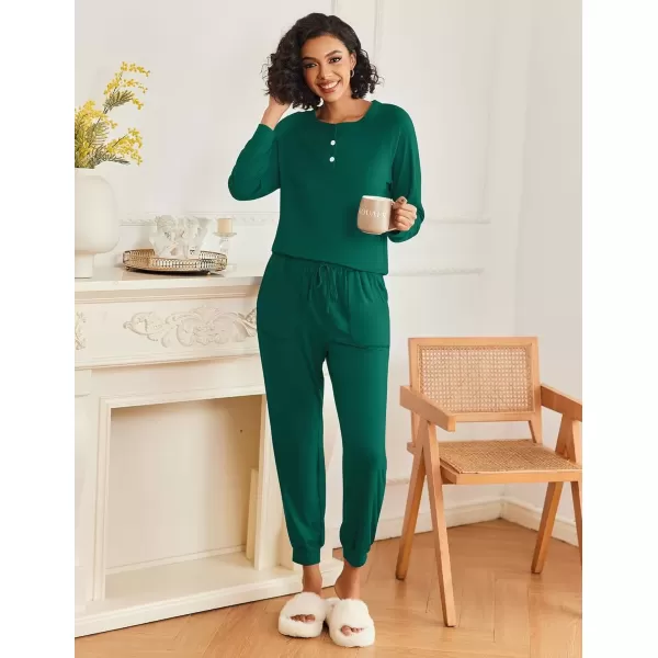 imageEkouaer Womens Pajamas Long Sleeve Jogger Sets Comfy Pjs Soft Loungewear 2 Piece Lounge Sets with Pockets SXXLDark Green
