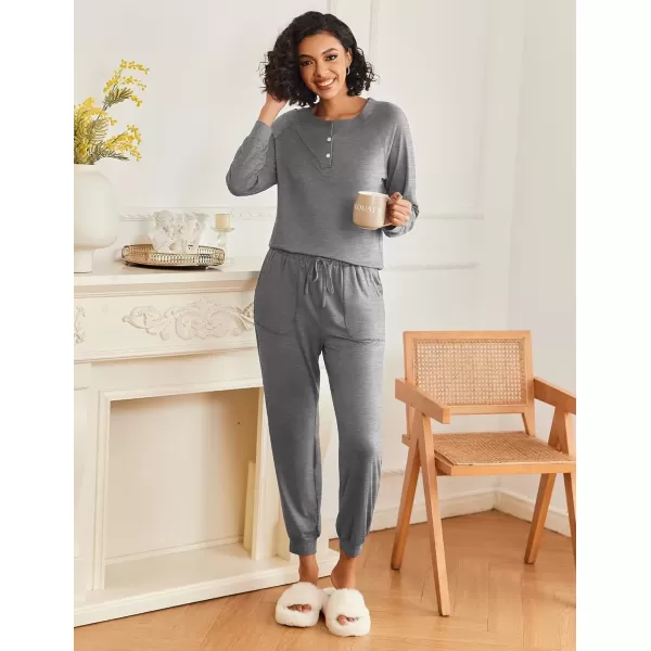 imageEkouaer Womens Pajamas Long Sleeve Jogger Sets Comfy Pjs Soft Loungewear 2 Piece Lounge Sets with Pockets SXXLDark Grey