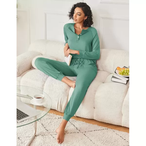 imageEkouaer Womens Pajamas Long Sleeve Jogger Sets Comfy Pjs Soft Loungewear 2 Piece Lounge Sets with Pockets SXXLGreen