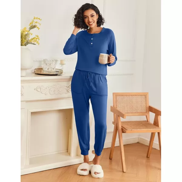 imageEkouaer Womens Pajamas Long Sleeve Jogger Sets Comfy Pjs Soft Loungewear 2 Piece Lounge Sets with Pockets SXXLNavy