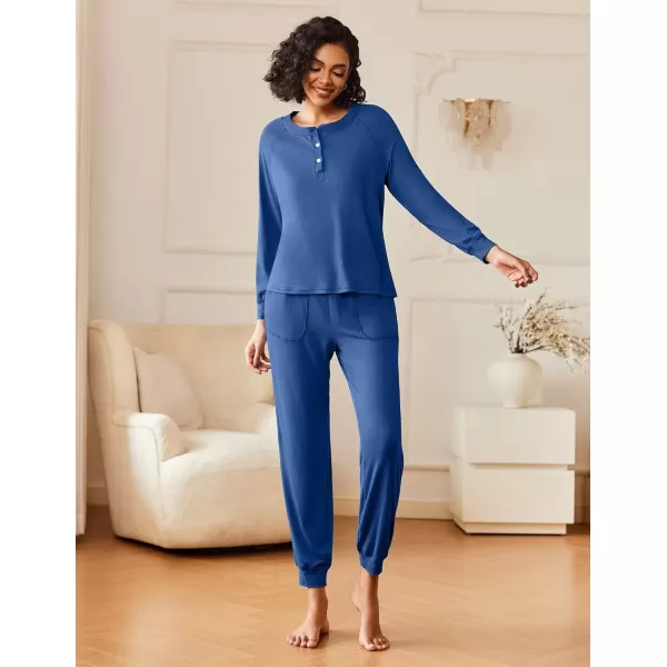 imageEkouaer Womens Pajamas Long Sleeve Jogger Sets Comfy Pjs Soft Loungewear 2 Piece Lounge Sets with Pockets SXXLNavy