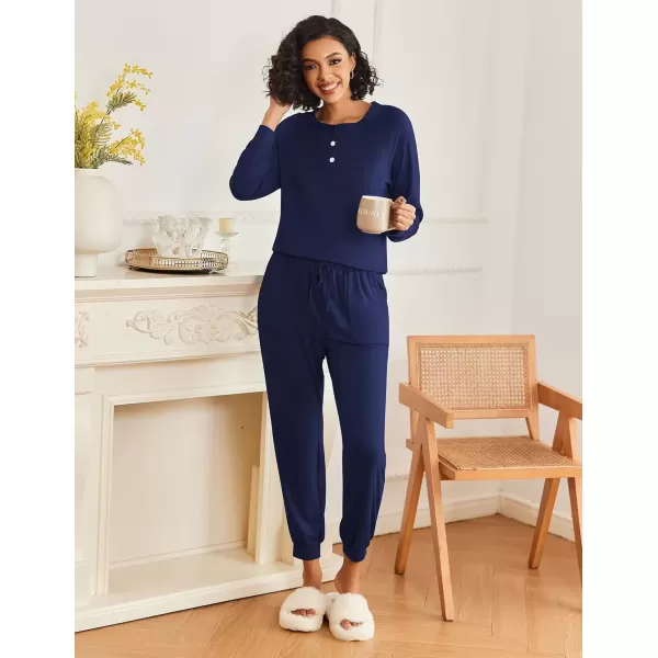 imageEkouaer Womens Pajamas Long Sleeve Jogger Sets Comfy Pjs Soft Loungewear 2 Piece Lounge Sets with Pockets SXXLNavy Blue
