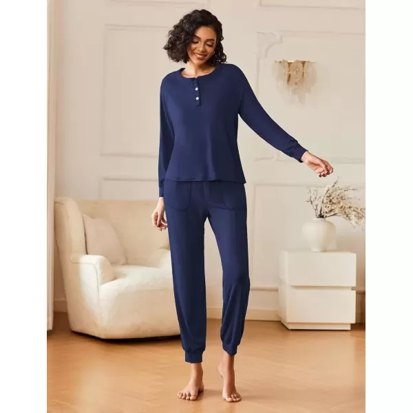 imageEkouaer Womens Pajamas Long Sleeve Jogger Sets Comfy Pjs Soft Loungewear 2 Piece Lounge Sets with Pockets SXXLNavy Blue