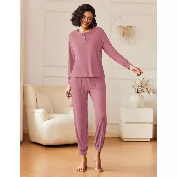 imageEkouaer Womens Pajamas Long Sleeve Jogger Sets Comfy Pjs Soft Loungewear 2 Piece Lounge Sets with Pockets SXXLOld Rose
