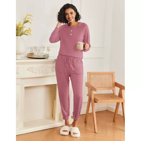 imageEkouaer Womens Pajamas Long Sleeve Jogger Sets Comfy Pjs Soft Loungewear 2 Piece Lounge Sets with Pockets SXXLOld Rose