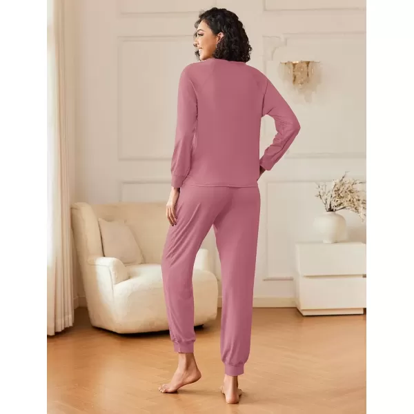 imageEkouaer Womens Pajamas Long Sleeve Jogger Sets Comfy Pjs Soft Loungewear 2 Piece Lounge Sets with Pockets SXXLOld Rose
