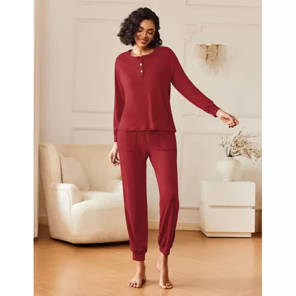 imageEkouaer Womens Pajamas Long Sleeve Jogger Sets Comfy Pjs Soft Loungewear 2 Piece Lounge Sets with Pockets SXXLWine Red