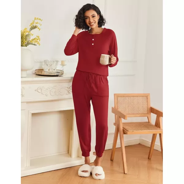 imageEkouaer Womens Pajamas Long Sleeve Jogger Sets Comfy Pjs Soft Loungewear 2 Piece Lounge Sets with Pockets SXXLWine Red