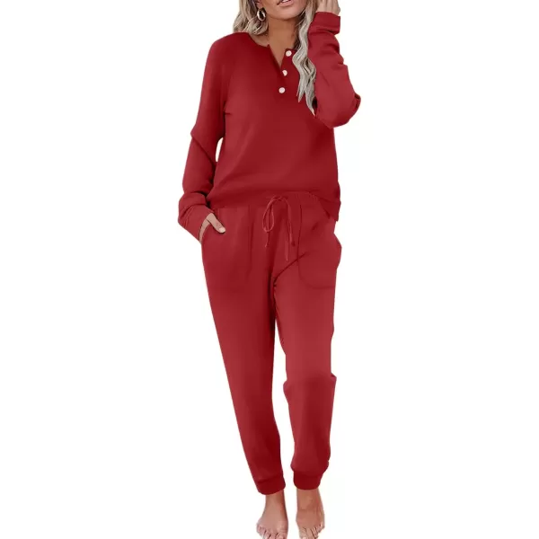 imageEkouaer Womens Pajamas Long Sleeve Jogger Sets Comfy Pjs Soft Loungewear 2 Piece Lounge Sets with Pockets SXXLWine Red