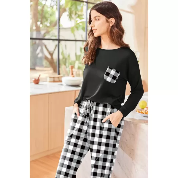 imageEkouaer Womens Pajamas Set Long Sleeve Christmas PJ Sets Soft Lounge Set for Women Sleepwear Joggers with PocketsBlack Plaid