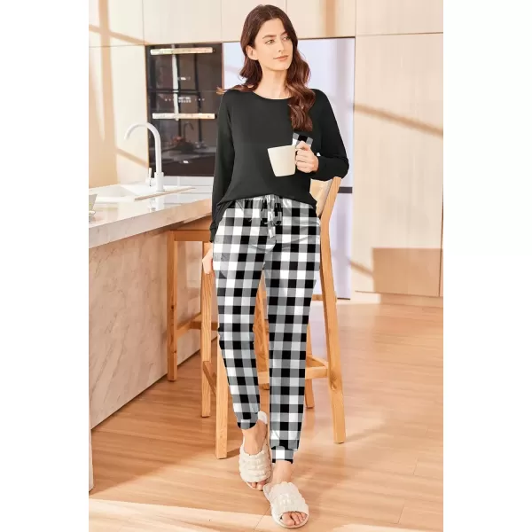 imageEkouaer Womens Pajamas Set Long Sleeve Christmas PJ Sets Soft Lounge Set for Women Sleepwear Joggers with PocketsBlack Plaid