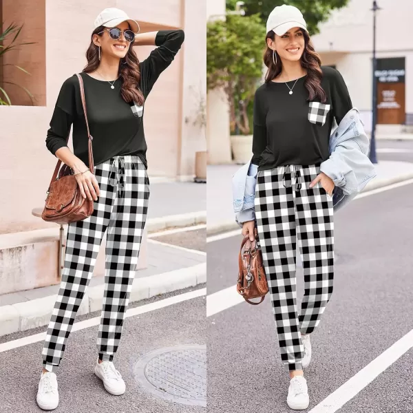 imageEkouaer Womens Pajamas Set Long Sleeve Christmas PJ Sets Soft Lounge Set for Women Sleepwear Joggers with PocketsBlack Plaid