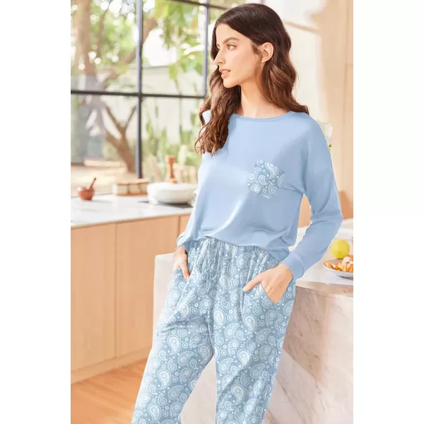 imageEkouaer Womens Pajamas Set Long Sleeve Christmas PJ Sets Soft Lounge Set for Women Sleepwear Joggers with PocketsBlue Flowers
