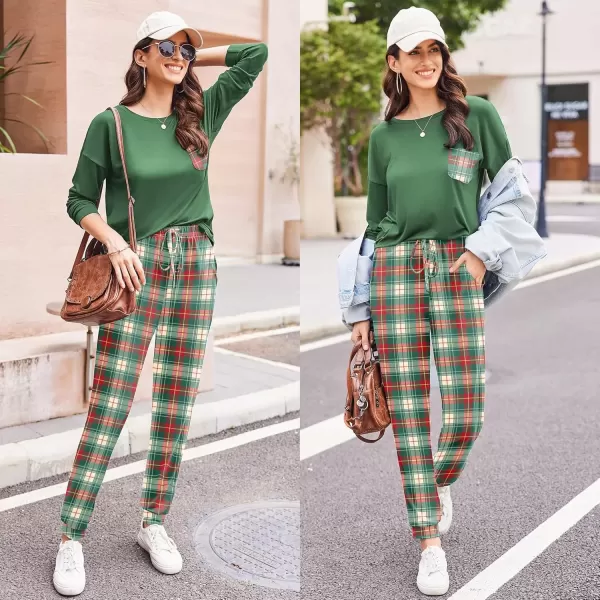 imageEkouaer Womens Pajamas Set Long Sleeve Christmas PJ Sets Soft Lounge Set for Women Sleepwear Joggers with PocketsGreen Plaid