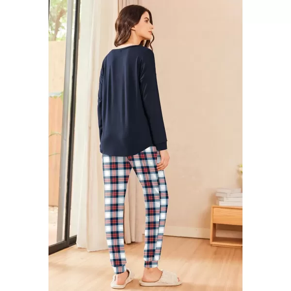 imageEkouaer Womens Pajamas Set Long Sleeve Christmas PJ Sets Soft Lounge Set for Women Sleepwear Joggers with PocketsNavy Plaid