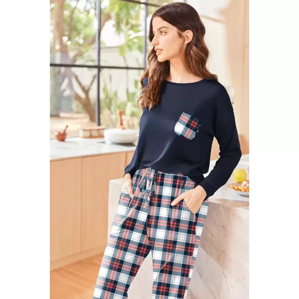 imageEkouaer Womens Pajamas Set Long Sleeve Christmas PJ Sets Soft Lounge Set for Women Sleepwear Joggers with PocketsNavy Plaid