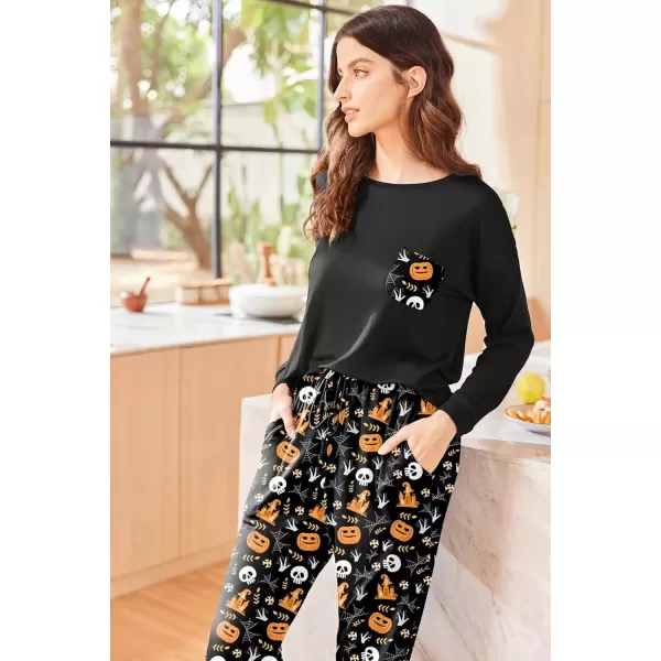imageEkouaer Womens Pajamas Set Long Sleeve Christmas PJ Sets Soft Lounge Set for Women Sleepwear Joggers with PocketsOrange Pumpkin
