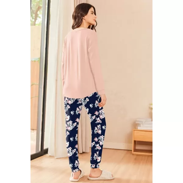 imageEkouaer Womens Pajamas Set Long Sleeve Christmas PJ Sets Soft Lounge Set for Women Sleepwear Joggers with PocketsPink Flowers