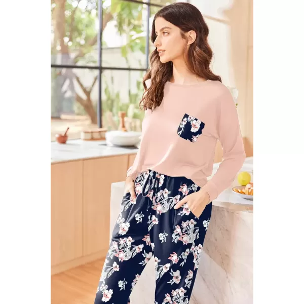 imageEkouaer Womens Pajamas Set Long Sleeve Christmas PJ Sets Soft Lounge Set for Women Sleepwear Joggers with PocketsPink Flowers