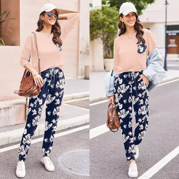 imageEkouaer Womens Pajamas Set Long Sleeve Christmas PJ Sets Soft Lounge Set for Women Sleepwear Joggers with PocketsPink Flowers