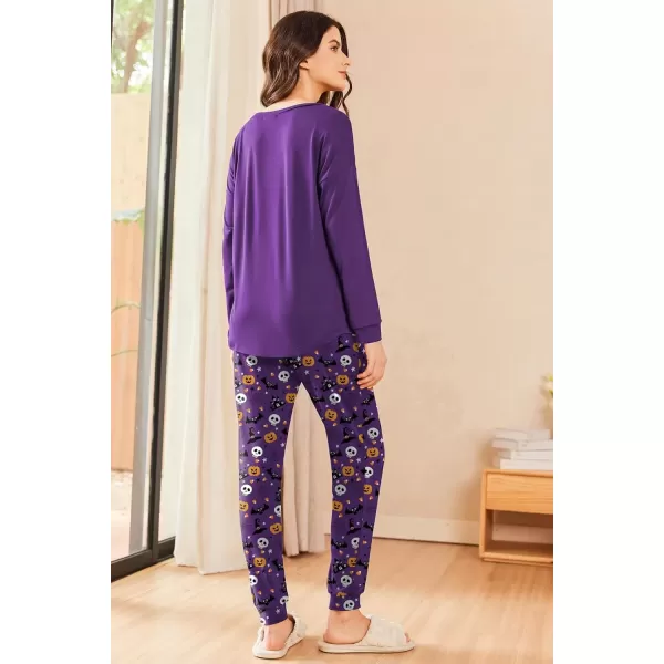 imageEkouaer Womens Pajamas Set Long Sleeve Christmas PJ Sets Soft Lounge Set for Women Sleepwear Joggers with PocketsPurple Pumpkin
