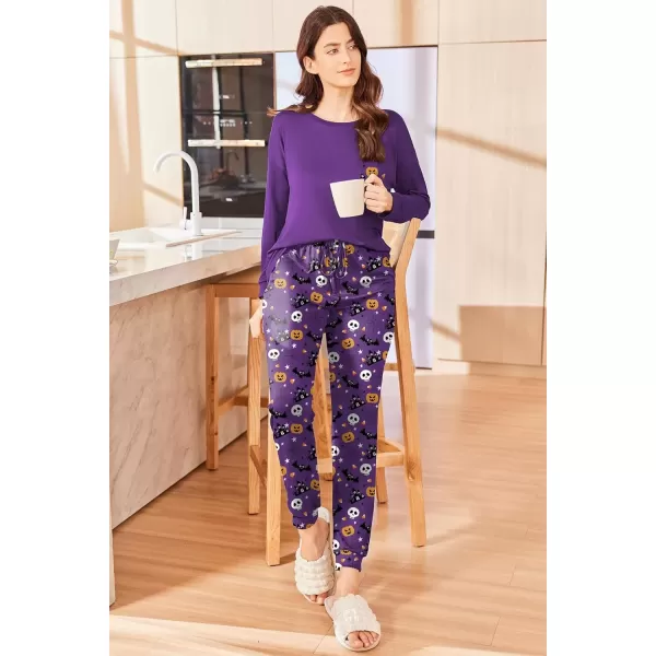 imageEkouaer Womens Pajamas Set Long Sleeve Christmas PJ Sets Soft Lounge Set for Women Sleepwear Joggers with PocketsPurple Pumpkin