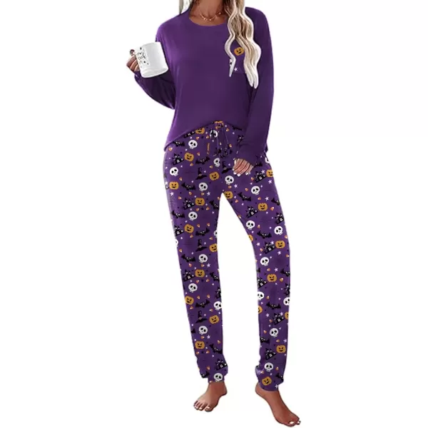 imageEkouaer Womens Pajamas Set Long Sleeve Christmas PJ Sets Soft Lounge Set for Women Sleepwear Joggers with PocketsPurple Pumpkin