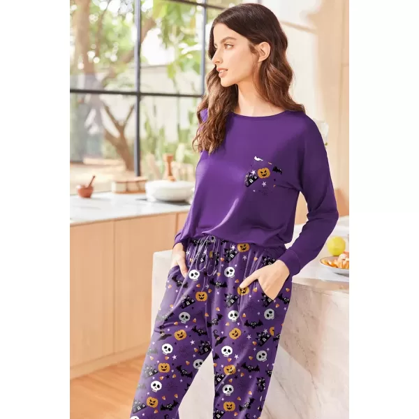 imageEkouaer Womens Pajamas Set Long Sleeve Christmas PJ Sets Soft Lounge Set for Women Sleepwear Joggers with PocketsPurple Pumpkin