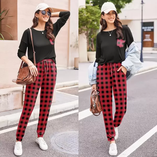 imageEkouaer Womens Pajamas Set Long Sleeve Christmas PJ Sets Soft Lounge Set for Women Sleepwear Joggers with PocketsRed Plaid