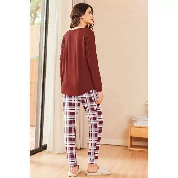 imageEkouaer Womens Pajamas Set Long Sleeve Christmas PJ Sets Soft Lounge Set for Women Sleepwear Joggers with PocketsWine Red Plaid