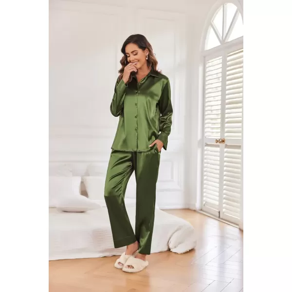 imageEkouaer Classic Satin Pajamas for Women Long Sleeve Button Down Sleepwear Soft Silk Loungewear Pjs Set SXXLArmy Green