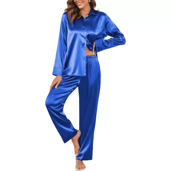 imageEkouaer Classic Satin Pajamas for Women Long Sleeve Button Down Sleepwear Soft Silk Loungewear Pjs Set SXXLBlue